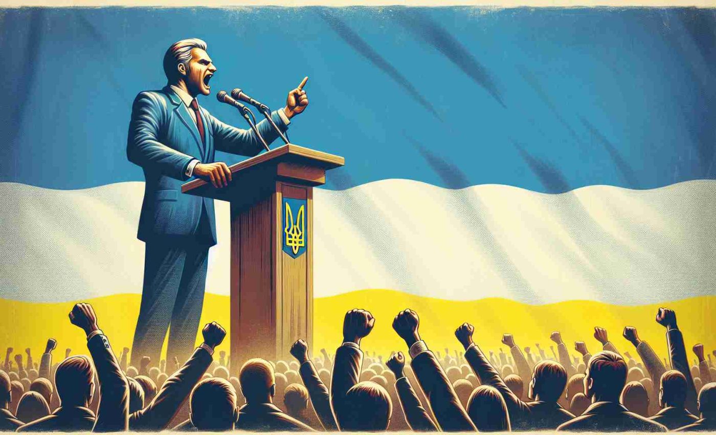 An image of an influential political figure, who carries an Eastern European aura, advocating for international unity to resolve conflicts by the year-end. He stands at a podium, passionately addressing a crowd, the Ukrainian flag flies majestically in the background. Please produce this in high-quality realism.