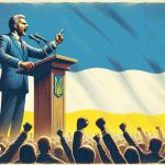 An image of an influential political figure, who carries an Eastern European aura, advocating for international unity to resolve conflicts by the year-end. He stands at a podium, passionately addressing a crowd, the Ukrainian flag flies majestically in the background. Please produce this in high-quality realism.