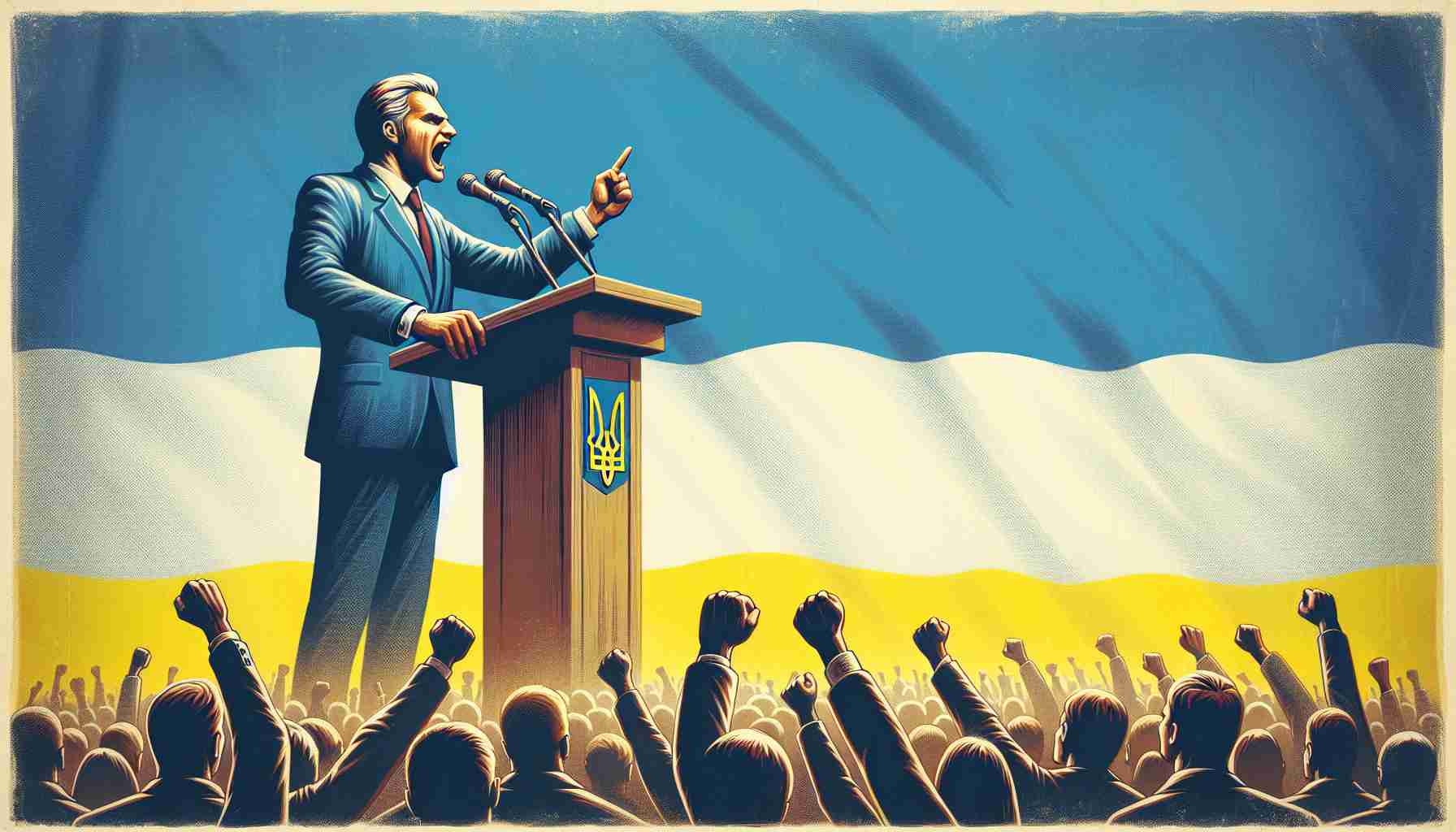 An image of an influential political figure, who carries an Eastern European aura, advocating for international unity to resolve conflicts by the year-end. He stands at a podium, passionately addressing a crowd, the Ukrainian flag flies majestically in the background. Please produce this in high-quality realism.