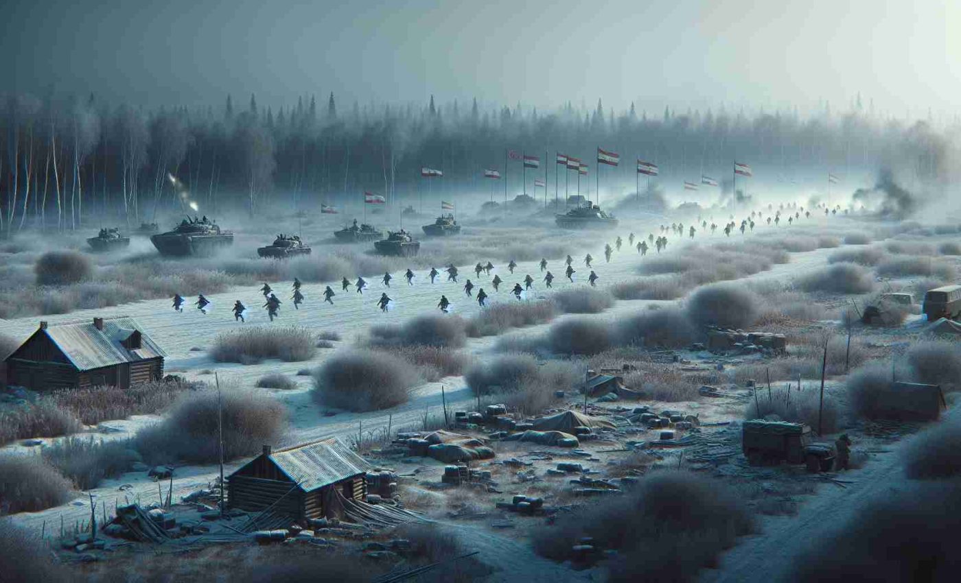 Realistic high-definition image of a conceptual scene representing military forces, identified by flags, advancing in an Eastern European landscape during winter. They move through snowy fields and frost-touched forests. Nearby, there are signs of civilian distress - abandoned homes, sparse belongings scattered hastily, and smoke fading into the grey sky.