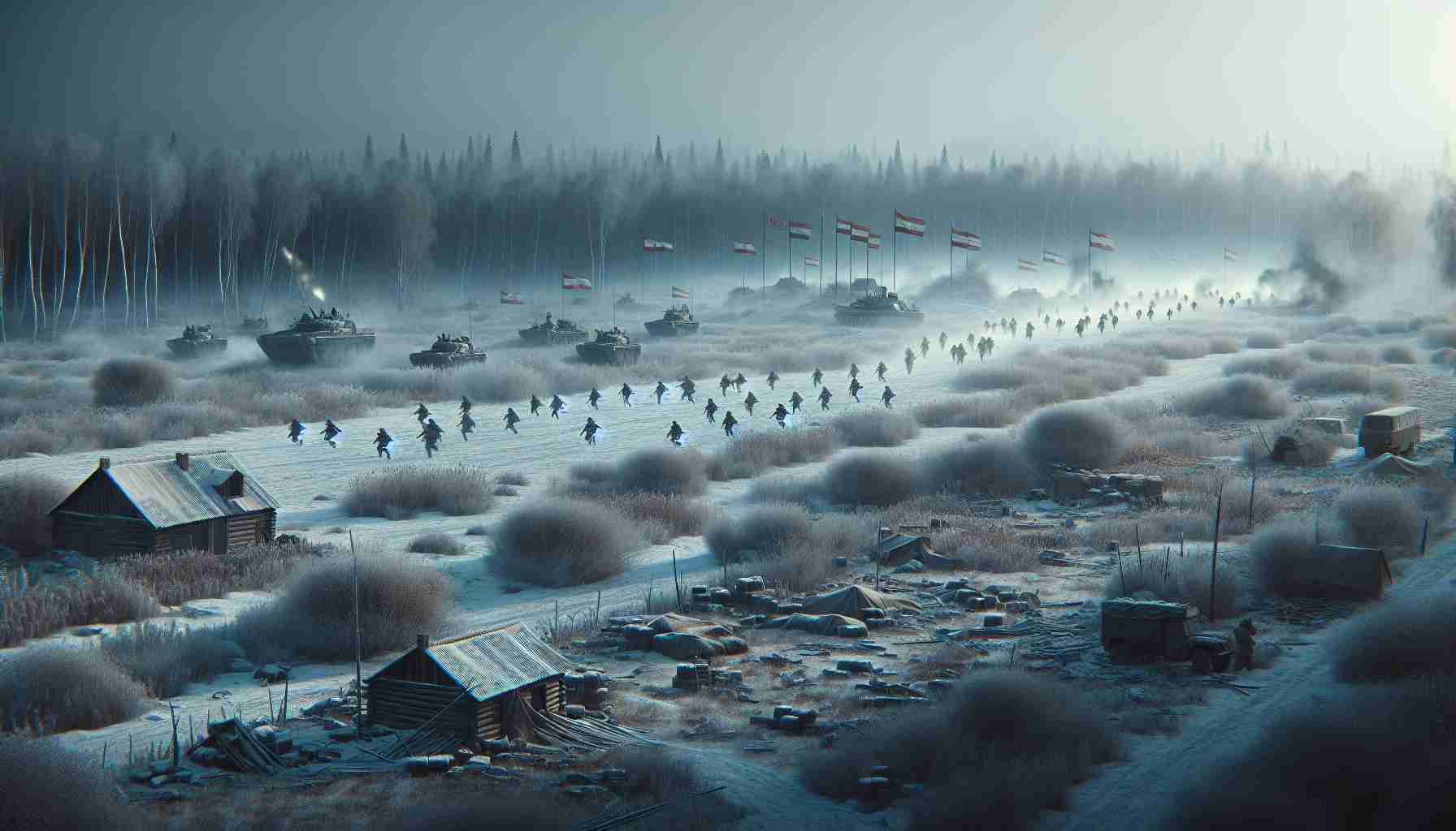 Realistic high-definition image of a conceptual scene representing military forces, identified by flags, advancing in an Eastern European landscape during winter. They move through snowy fields and frost-touched forests. Nearby, there are signs of civilian distress - abandoned homes, sparse belongings scattered hastily, and smoke fading into the grey sky.