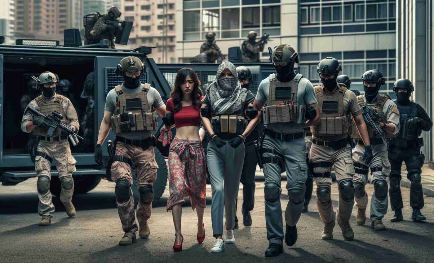 Create a high-definition, realistic image of a team of law enforcement officials, led by a Middle Eastern woman and an Asian man, successfully resolving a hostage situation. The scene unfolds in an urban environment, with relieved civilians being guided to safety by uniformed officers, while a couple of individuals who were responsible for the crisis are being handcuffed nearby. The whole operation is conducted with great precision, everyone wearing heavy protective gear suggestive of an elite force, with armored vehicles and advanced equipment visible in the background.