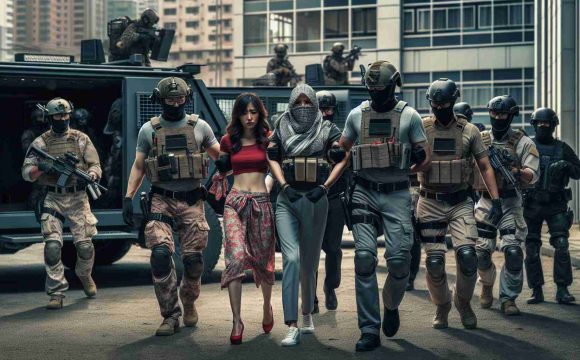 Create a high-definition, realistic image of a team of law enforcement officials, led by a Middle Eastern woman and an Asian man, successfully resolving a hostage situation. The scene unfolds in an urban environment, with relieved civilians being guided to safety by uniformed officers, while a couple of individuals who were responsible for the crisis are being handcuffed nearby. The whole operation is conducted with great precision, everyone wearing heavy protective gear suggestive of an elite force, with armored vehicles and advanced equipment visible in the background.