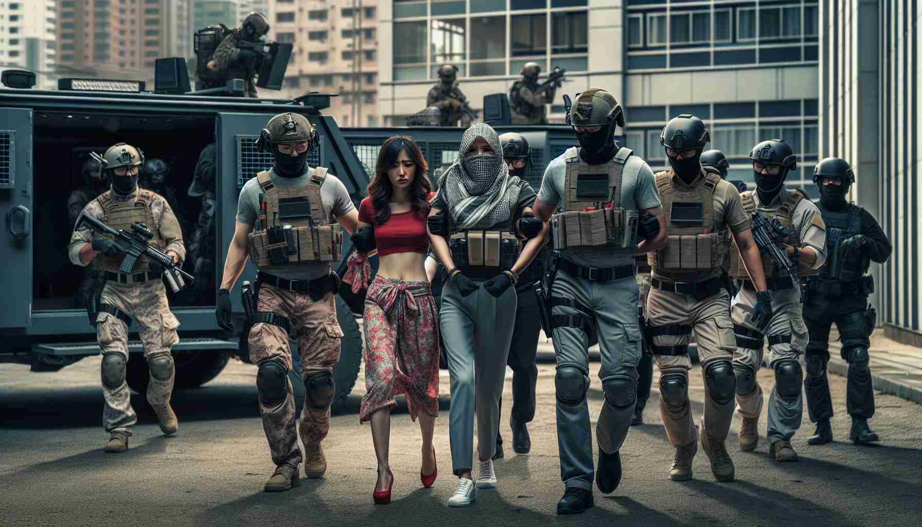 Create a high-definition, realistic image of a team of law enforcement officials, led by a Middle Eastern woman and an Asian man, successfully resolving a hostage situation. The scene unfolds in an urban environment, with relieved civilians being guided to safety by uniformed officers, while a couple of individuals who were responsible for the crisis are being handcuffed nearby. The whole operation is conducted with great precision, everyone wearing heavy protective gear suggestive of an elite force, with armored vehicles and advanced equipment visible in the background.