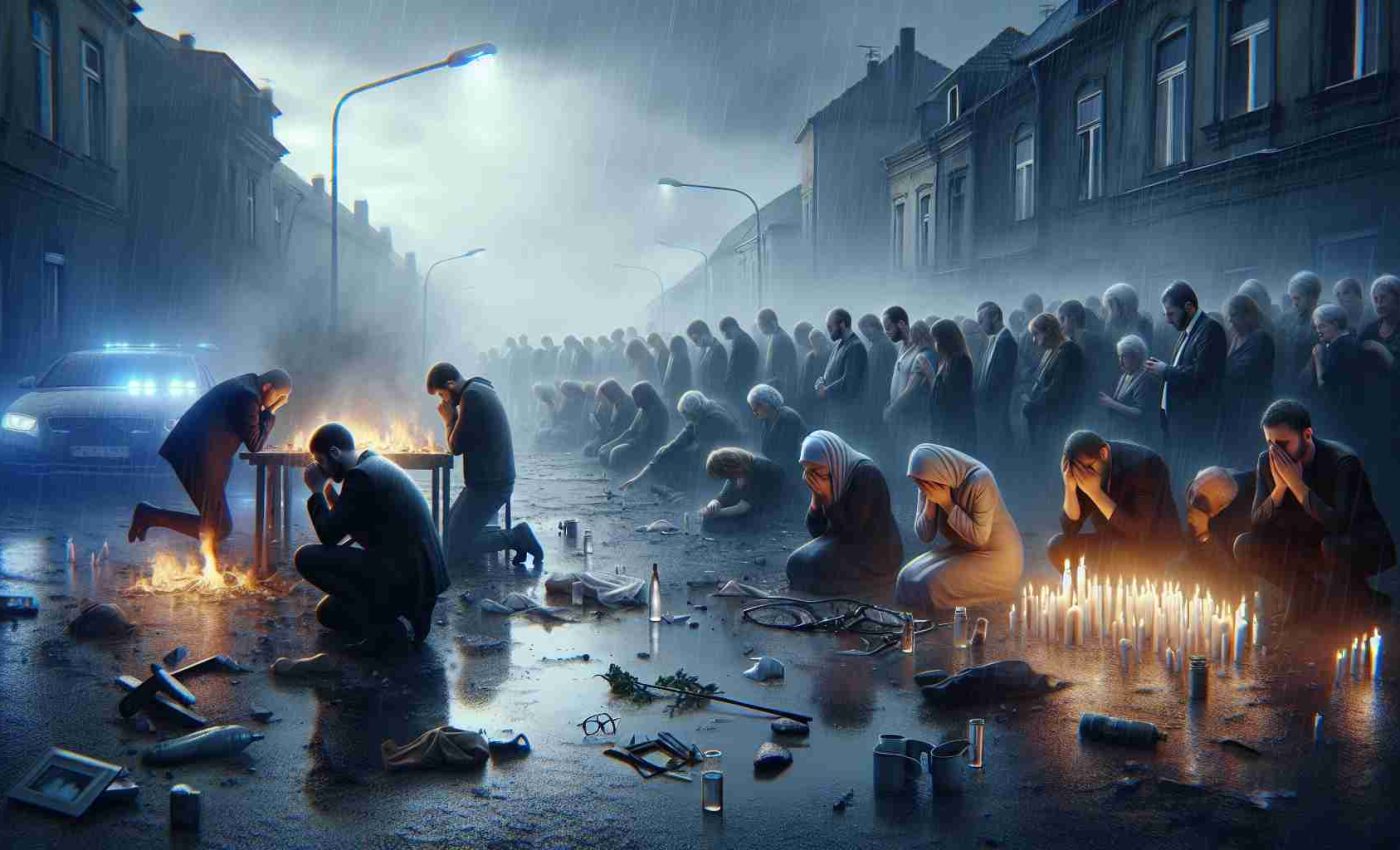 Realistic artwork depicting the emotional aftermath of a tragic event, done in high definition. The scene should capture the grief and introspection that follows an unforeseen loss, embodying a universally human response to tragedy. A gloomy, rainy setting with somber undertones is desired, with mourners of varying gender and descents. Inclusion of significant objects like a burnt photo, broken glasses, or an empty chair could illustrate the tangible feel of loss.