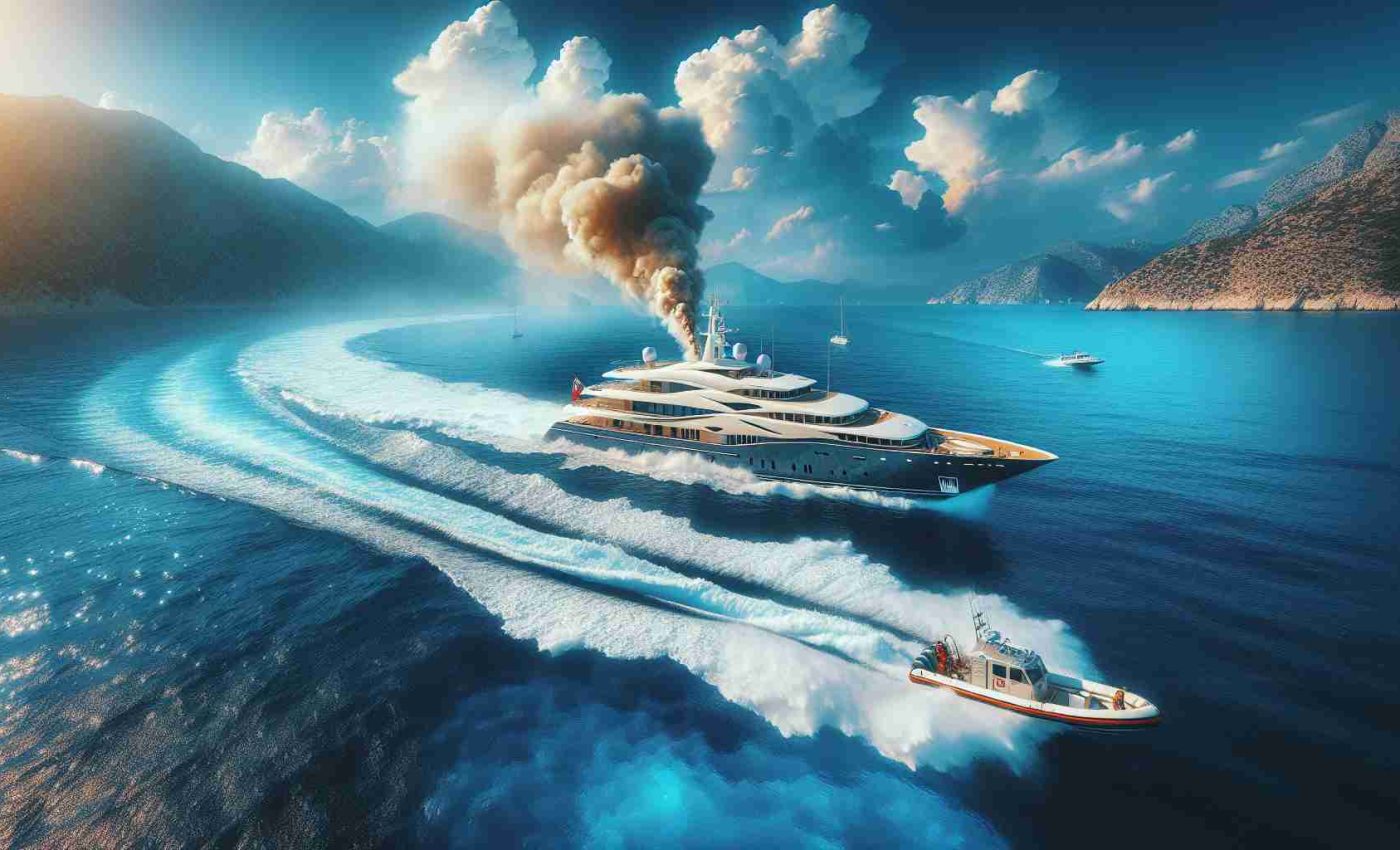 Create a high-definition image showcasing a dramatic rescue scene involving a luxury yacht in the sparkling Mediterranean waters. A luxury yacht is seen in distress, perhaps emitting smoke to indicate technical issues. Nearby, you can see a rescue boat speeding towards it, slicing through the crystal clear waters. The sky above is a vibrant blue, adorned with a few stray clouds. The tension in the scene is palpable, contrasted with the serene beauty of the Mediterranean surroundings.