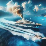 Create a high-definition image showcasing a dramatic rescue scene involving a luxury yacht in the sparkling Mediterranean waters. A luxury yacht is seen in distress, perhaps emitting smoke to indicate technical issues. Nearby, you can see a rescue boat speeding towards it, slicing through the crystal clear waters. The sky above is a vibrant blue, adorned with a few stray clouds. The tension in the scene is palpable, contrasted with the serene beauty of the Mediterranean surroundings.