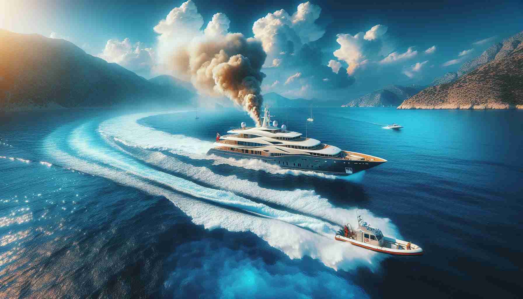 Create a high-definition image showcasing a dramatic rescue scene involving a luxury yacht in the sparkling Mediterranean waters. A luxury yacht is seen in distress, perhaps emitting smoke to indicate technical issues. Nearby, you can see a rescue boat speeding towards it, slicing through the crystal clear waters. The sky above is a vibrant blue, adorned with a few stray clouds. The tension in the scene is palpable, contrasted with the serene beauty of the Mediterranean surroundings.