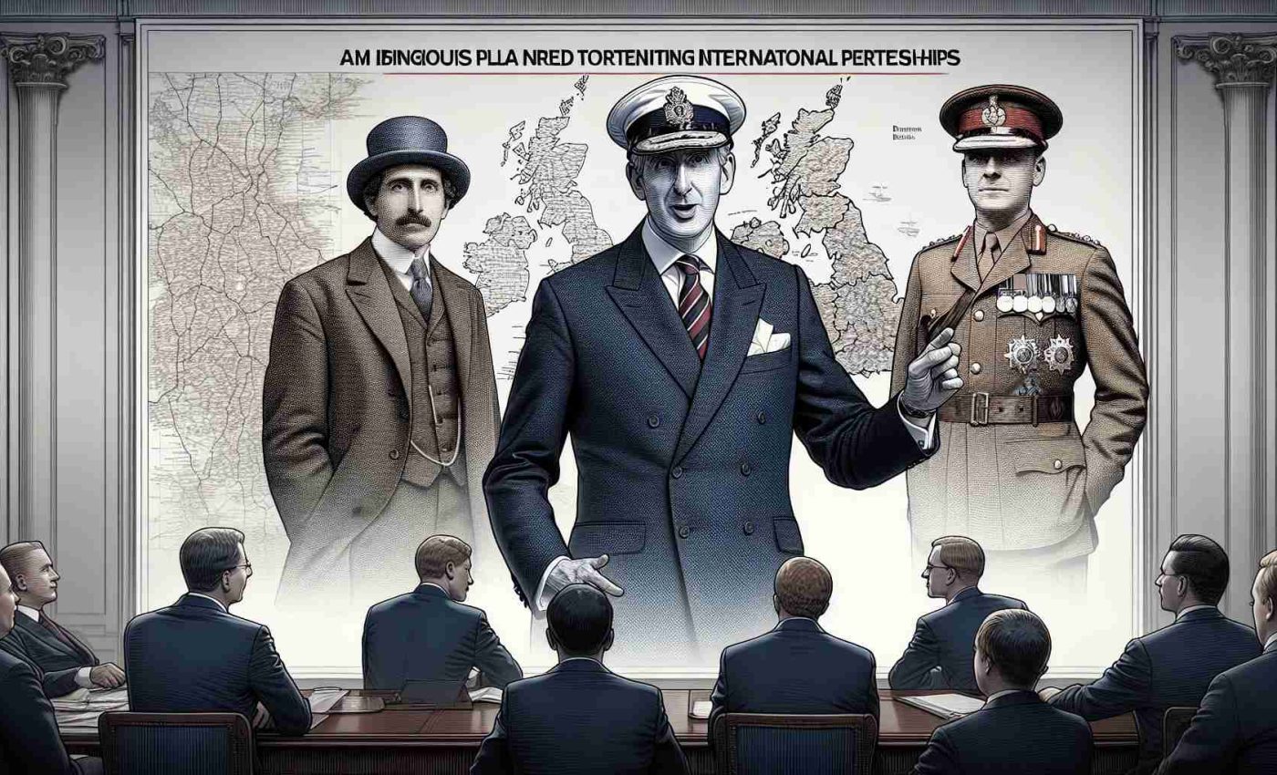 Detailed high-definition portrayal of an influential political figure from Britain, presenting an ambitious plan aimed at fortifying international partnerships.