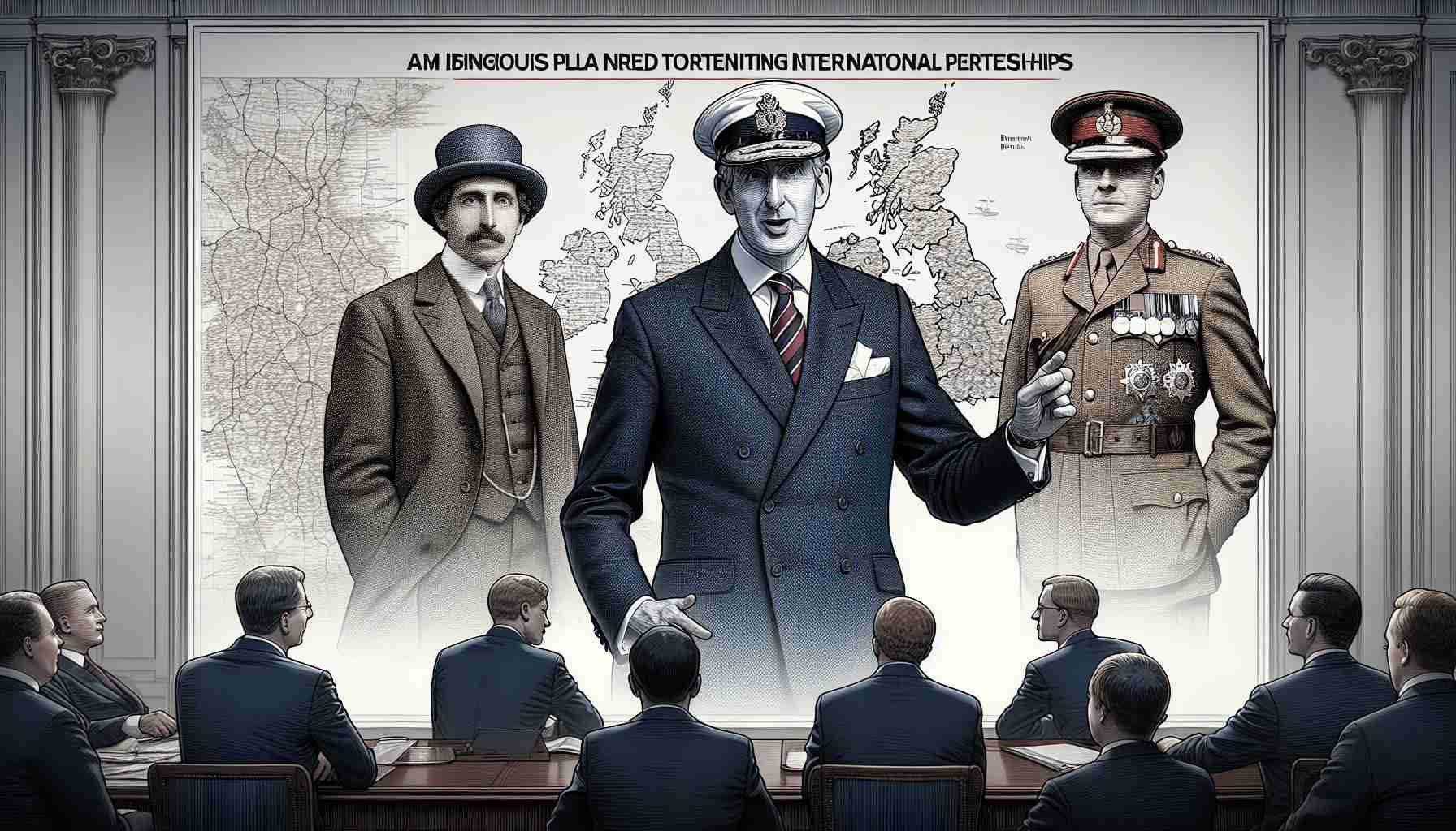 Detailed high-definition portrayal of an influential political figure from Britain, presenting an ambitious plan aimed at fortifying international partnerships.