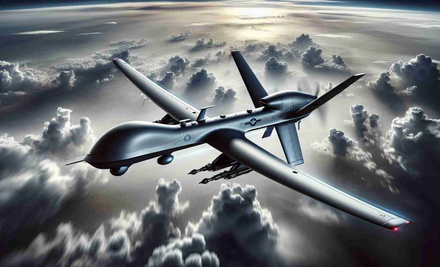 An incredibly detailed HD depiction of an advanced drone technology utilized in contemporary warfare. The image showcases a sleek, predator-like unmanned aerial vehicle soaring high in the combat sky filled with clouds. This modern marvel of technology should be equipped with futuristic tools used for surveillance and precision strikes which are typical in modern warfare scenarios. The drone's unique design displays its superior aerodynamics and robust build, embodying the technological advancements of the 21st century in the military field.