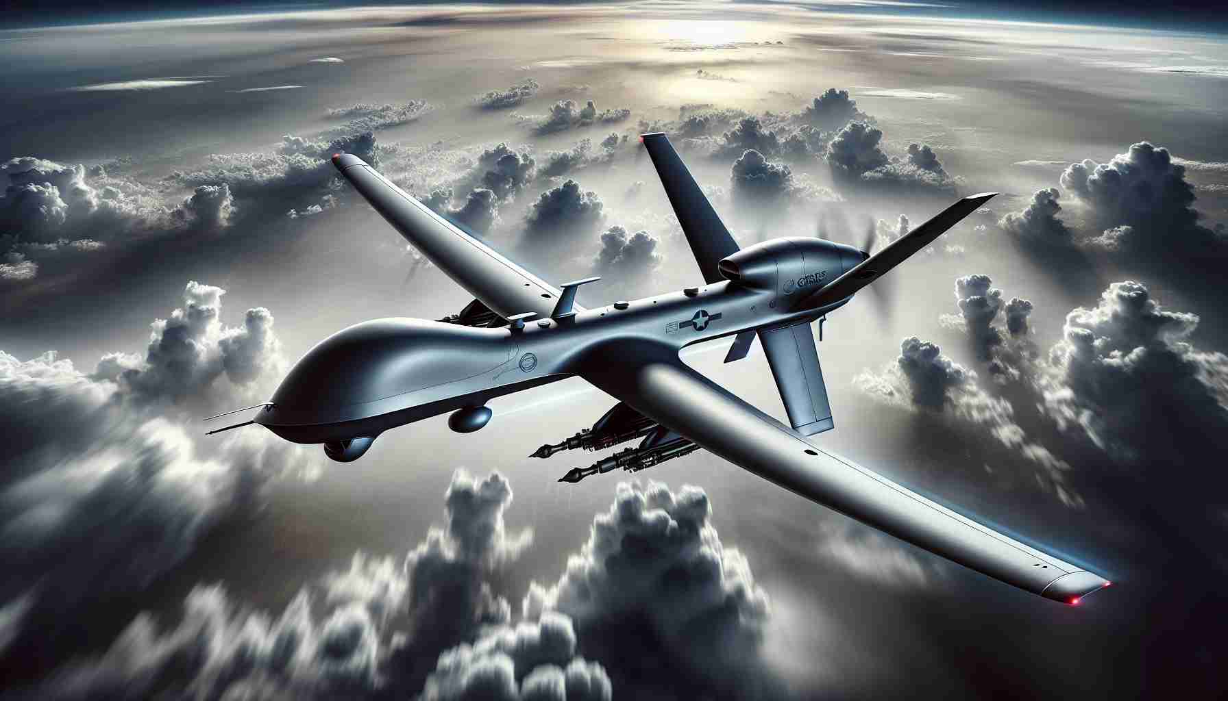 An incredibly detailed HD depiction of an advanced drone technology utilized in contemporary warfare. The image showcases a sleek, predator-like unmanned aerial vehicle soaring high in the combat sky filled with clouds. This modern marvel of technology should be equipped with futuristic tools used for surveillance and precision strikes which are typical in modern warfare scenarios. The drone's unique design displays its superior aerodynamics and robust build, embodying the technological advancements of the 21st century in the military field.