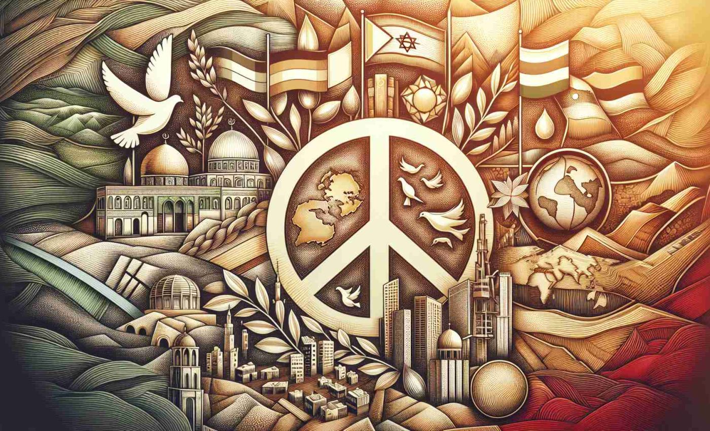 A high-definition image depicting the concept of sustainable peace in the Middle East. This can involve symbolic representation of landmark scenes from various regions in the Middle East, with multiple national flags flying to depict cooperation and peace process. Highlight well-known symbols of peace, like olive branches or doves, to underscore the theme of harmony. Also emphasize sustainable development, perhaps through icons like wind turbines or solar panels, showing a transition towards renewable energy sources. Let the coloring be warm and soothing, creating an atmosphere that resonates with peace and hope.