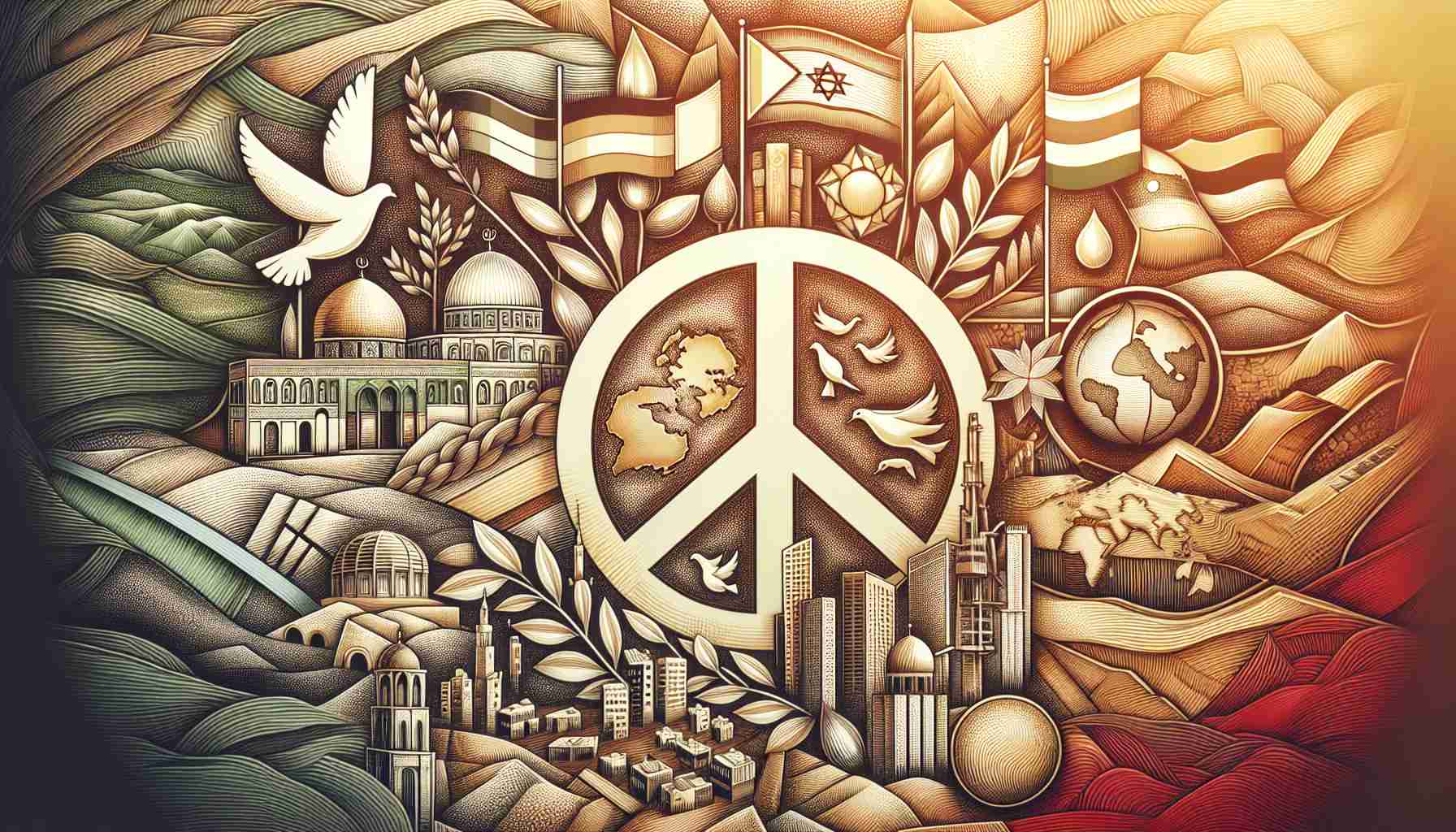 A high-definition image depicting the concept of sustainable peace in the Middle East. This can involve symbolic representation of landmark scenes from various regions in the Middle East, with multiple national flags flying to depict cooperation and peace process. Highlight well-known symbols of peace, like olive branches or doves, to underscore the theme of harmony. Also emphasize sustainable development, perhaps through icons like wind turbines or solar panels, showing a transition towards renewable energy sources. Let the coloring be warm and soothing, creating an atmosphere that resonates with peace and hope.