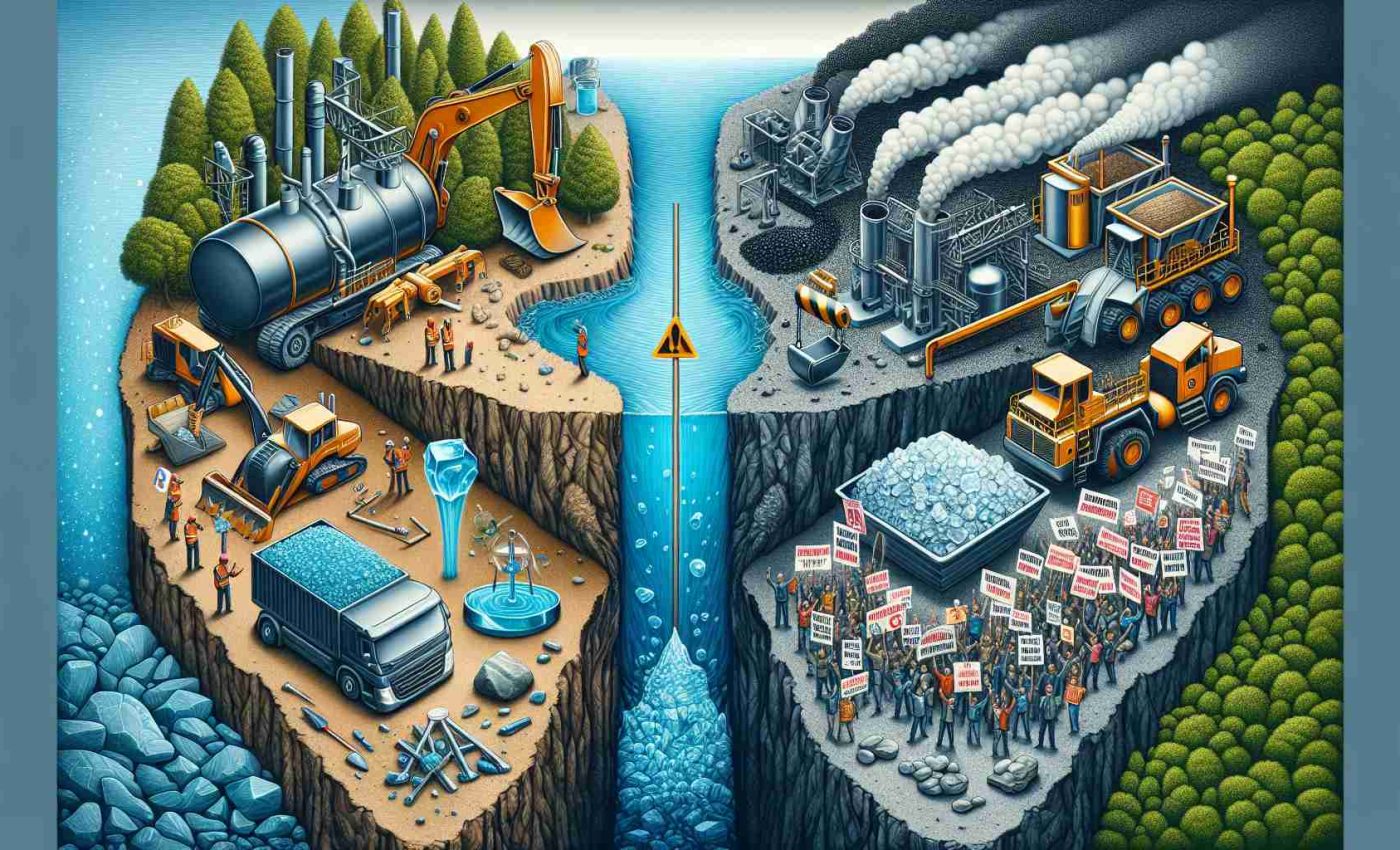 An HD realistic image representing the ongoing debate and controversy concerning proposed lithium mining in Serbia. The image should symbolize two contrasting viewpoints. On one side, include industrial symbols such as mining tools with lithium mineral samples prominently shown. On the other side, represent ecological concerns with symbols like clean water, healthy trees, and protesting community members. Make sure to highlight the tension between both sides, and balance them equally in the image to represent the complexity of the issue.