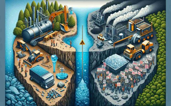 An HD realistic image representing the ongoing debate and controversy concerning proposed lithium mining in Serbia. The image should symbolize two contrasting viewpoints. On one side, include industrial symbols such as mining tools with lithium mineral samples prominently shown. On the other side, represent ecological concerns with symbols like clean water, healthy trees, and protesting community members. Make sure to highlight the tension between both sides, and balance them equally in the image to represent the complexity of the issue.