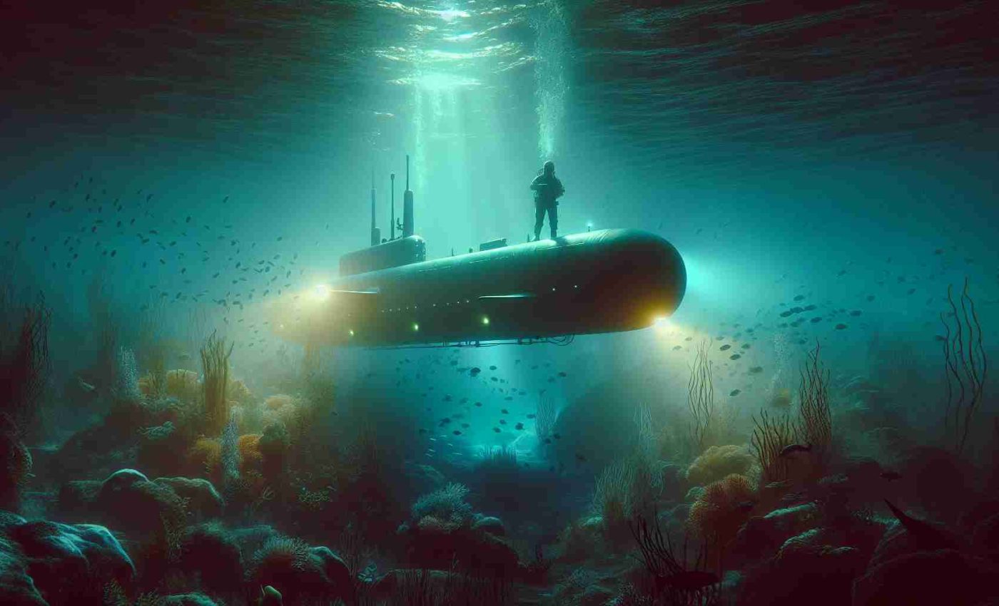 Create a realistic and high-definition image of an underwater scene where a submarine drone is getting deployed for exploration. The water is murky but illuminated by the submarine's lights, revealing varying degrees of aquatic life. Predominant colors should be shades of blue and green, creating a sensation of depth and mystery.