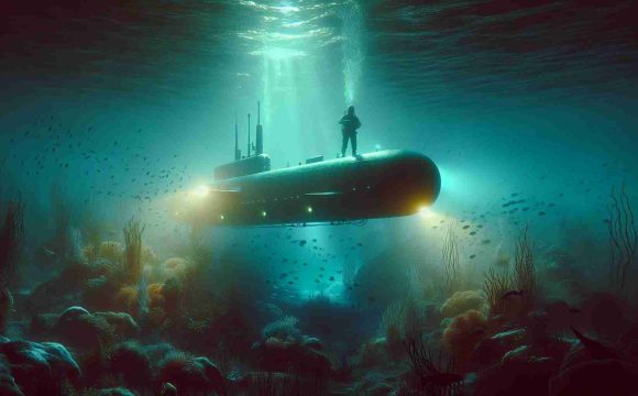 Create a realistic and high-definition image of an underwater scene where a submarine drone is getting deployed for exploration. The water is murky but illuminated by the submarine's lights, revealing varying degrees of aquatic life. Predominant colors should be shades of blue and green, creating a sensation of depth and mystery.