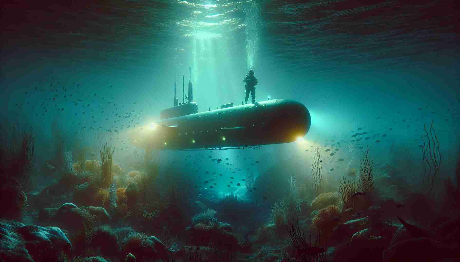 Create a realistic and high-definition image of an underwater scene where a submarine drone is getting deployed for exploration. The water is murky but illuminated by the submarine's lights, revealing varying degrees of aquatic life. Predominant colors should be shades of blue and green, creating a sensation of depth and mystery.