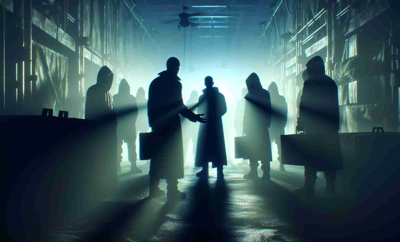 Generate a realistic, high-definition image illustrating the atmosphere of mystery and suspense that shrouds the rumors of a prisoner exchange. The tensions are palpable, with cryptic exchanges against the backdrop of an undisclosed location. Figures cloaked in shadows can be seen in the distance, adding to the enigmatic nature of the situation.