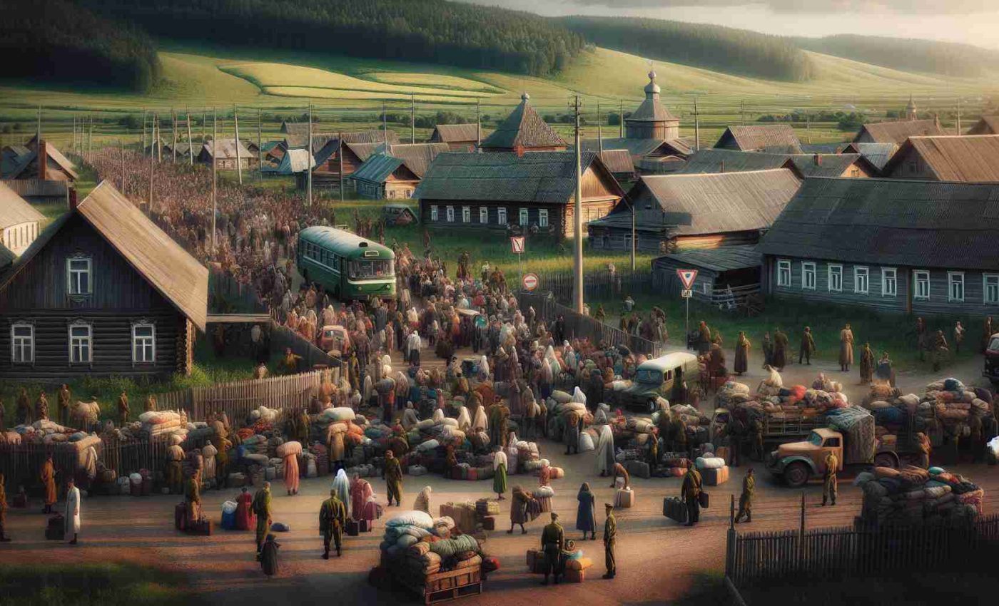 Create a hyper-realistic, high-definition image of an evocation scene in a rural province of Russia. The image should depict a large crowd of people of diverse genders, ages, and descents hastily packing their belongings into various means of transportation. The atmosphere should be tense, underlined by the presence of local military personnel, and the landscape around should reflect the rural nature of the area with wooden houses, lush green fields and forests. Border signs and guard posts can be visual cues to indicate increased tensions.