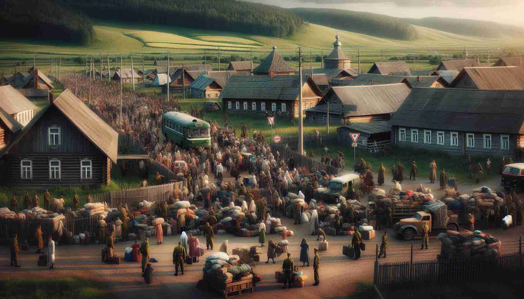 Create a hyper-realistic, high-definition image of an evocation scene in a rural province of Russia. The image should depict a large crowd of people of diverse genders, ages, and descents hastily packing their belongings into various means of transportation. The atmosphere should be tense, underlined by the presence of local military personnel, and the landscape around should reflect the rural nature of the area with wooden houses, lush green fields and forests. Border signs and guard posts can be visual cues to indicate increased tensions.