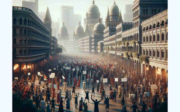 A realistic, high-definition image depicting a tumultuous scene in an urban setting, symbolic of societal agitation. Groups of individuals, diverse in gender and ethnicity, are showing discontent through peaceful marches. The cityscape architecture suggests the region to be of South Asian heritage, potentially similar to Bangladesh. Visual cues such as placards and expressive faces indicate government-related grievances, but no specific public figure or sentiment is targeted. The atmosphere evokes a sense of intensity and unease, capturing the essence of public manifestation.