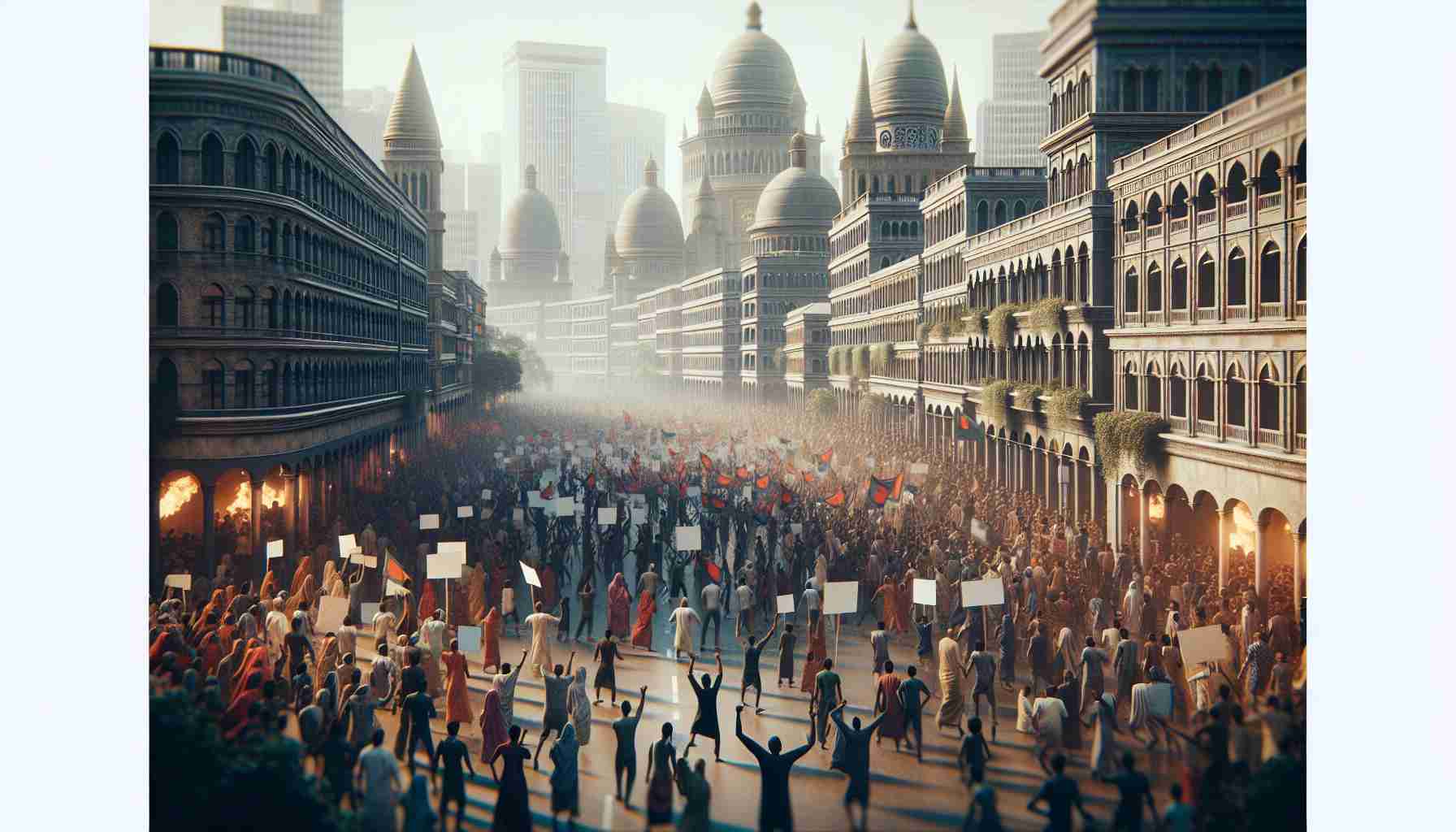 A realistic, high-definition image depicting a tumultuous scene in an urban setting, symbolic of societal agitation. Groups of individuals, diverse in gender and ethnicity, are showing discontent through peaceful marches. The cityscape architecture suggests the region to be of South Asian heritage, potentially similar to Bangladesh. Visual cues such as placards and expressive faces indicate government-related grievances, but no specific public figure or sentiment is targeted. The atmosphere evokes a sense of intensity and unease, capturing the essence of public manifestation.