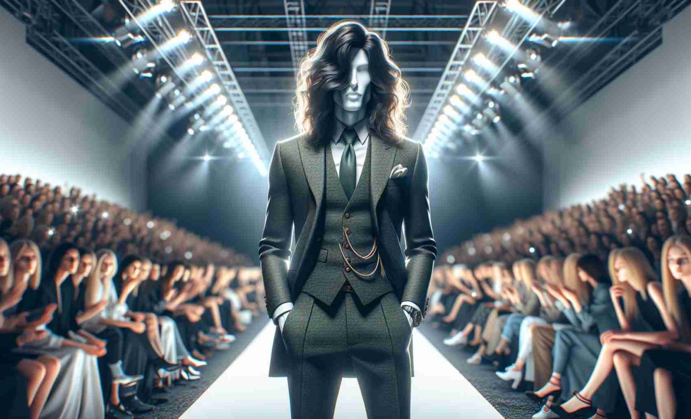 A high-definition, realistic image of a renowned fashion designer, devoid of any identifying characteristics, thrilling the audience at a major fashion event in Moscow. The designer's gender and body type can be inferred from the dashing tailored suit and flowing locks that hint at a flamboyance in their lifestyle. The scene captures the bustling venue, with runway lights illuminating the designer against a backdrop of anticipating spectators.