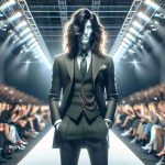 A high-definition, realistic image of a renowned fashion designer, devoid of any identifying characteristics, thrilling the audience at a major fashion event in Moscow. The designer's gender and body type can be inferred from the dashing tailored suit and flowing locks that hint at a flamboyance in their lifestyle. The scene captures the bustling venue, with runway lights illuminating the designer against a backdrop of anticipating spectators.