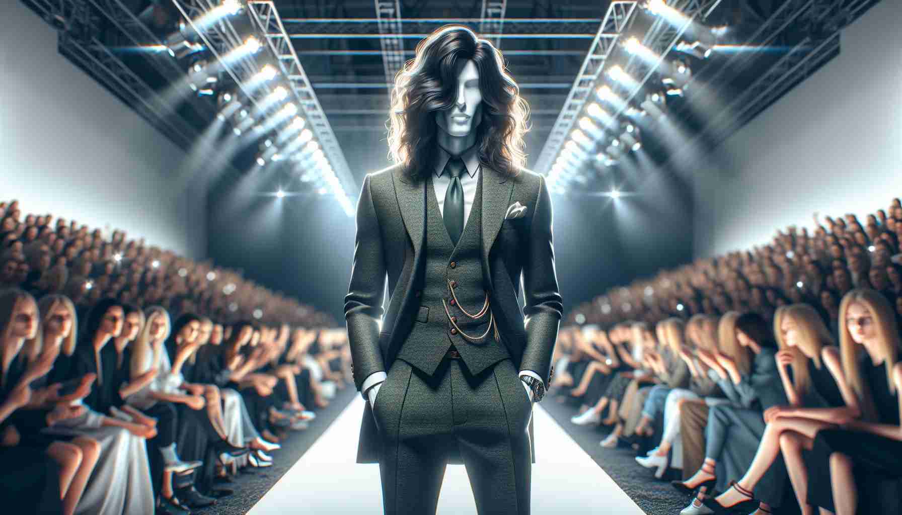 A high-definition, realistic image of a renowned fashion designer, devoid of any identifying characteristics, thrilling the audience at a major fashion event in Moscow. The designer's gender and body type can be inferred from the dashing tailored suit and flowing locks that hint at a flamboyance in their lifestyle. The scene captures the bustling venue, with runway lights illuminating the designer against a backdrop of anticipating spectators.