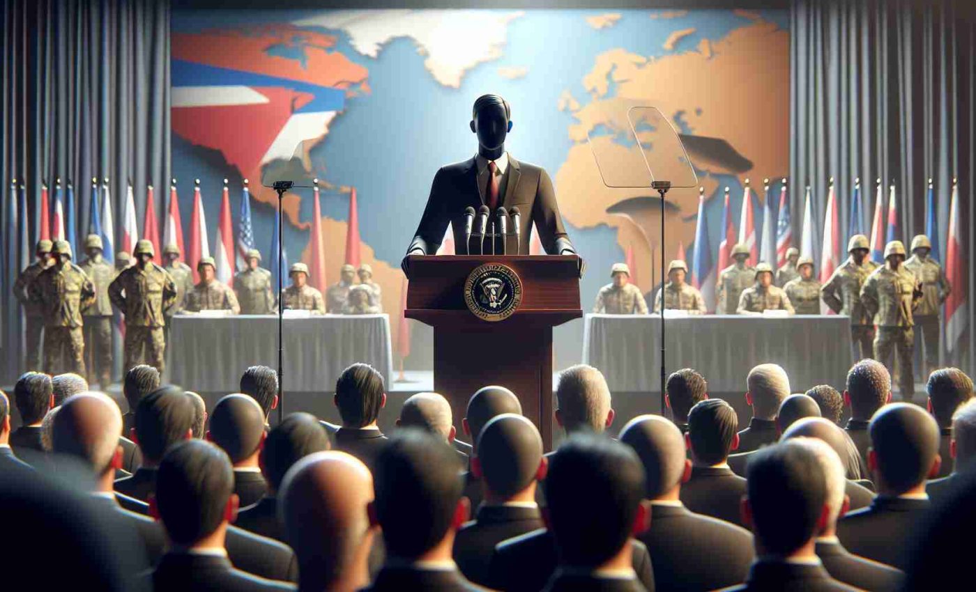 Realistic HD photo of an unidentifiable politician giving a speech promoting military strength amid regional tensions. This figure should be standing behind a podium on a stage with a background reflecting the national theme. The crowd can be seen listening attentively, infusing the atmosphere with a sense of deep seriousness and commitment. Make the scene realistic and high definition.