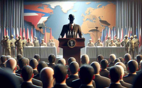 Realistic HD photo of an unidentifiable politician giving a speech promoting military strength amid regional tensions. This figure should be standing behind a podium on a stage with a background reflecting the national theme. The crowd can be seen listening attentively, infusing the atmosphere with a sense of deep seriousness and commitment. Make the scene realistic and high definition.