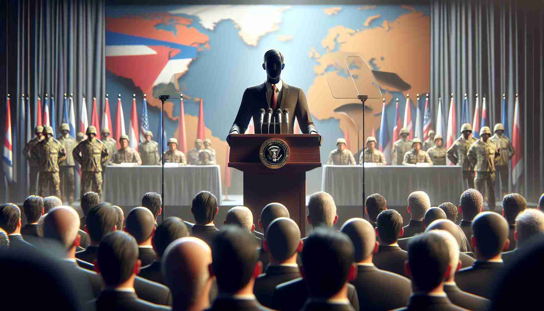 Realistic HD photo of an unidentifiable politician giving a speech promoting military strength amid regional tensions. This figure should be standing behind a podium on a stage with a background reflecting the national theme. The crowd can be seen listening attentively, infusing the atmosphere with a sense of deep seriousness and commitment. Make the scene realistic and high definition.