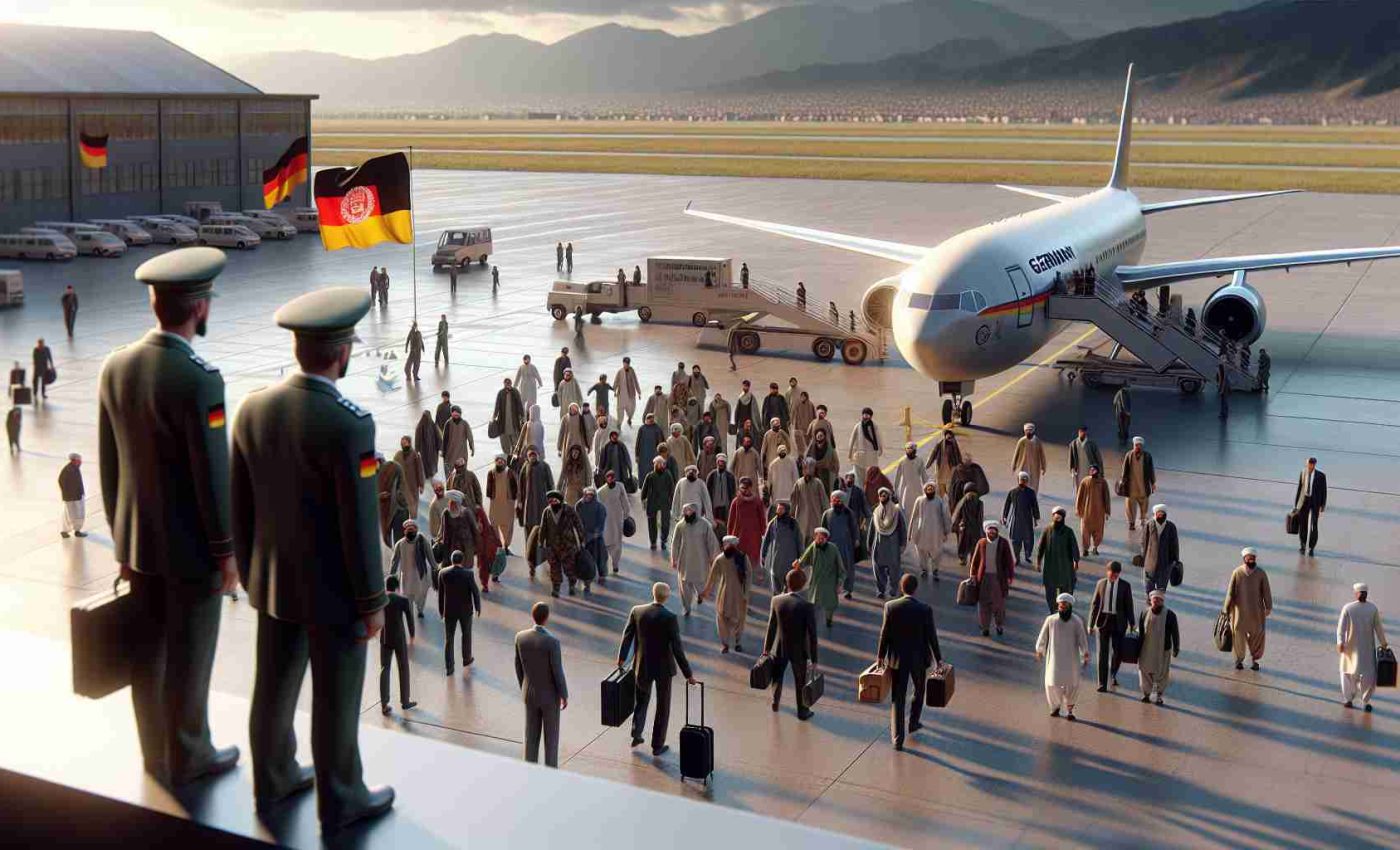 Realistic high-definition depiction of a scenario where Germany is repatriating individuals, who have engaged in illegal activities, back to Afghanistan. The scene includes an airplane on a tarmac, German officials in official uniform overseeing the process, and a group of people who are about to embark. Note: The individuals being repatriated should be of diverse descents and genders to depict a varied cross-section of society.