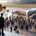 Realistic high-definition depiction of a scenario where Germany is repatriating individuals, who have engaged in illegal activities, back to Afghanistan. The scene includes an airplane on a tarmac, German officials in official uniform overseeing the process, and a group of people who are about to embark. Note: The individuals being repatriated should be of diverse descents and genders to depict a varied cross-section of society.