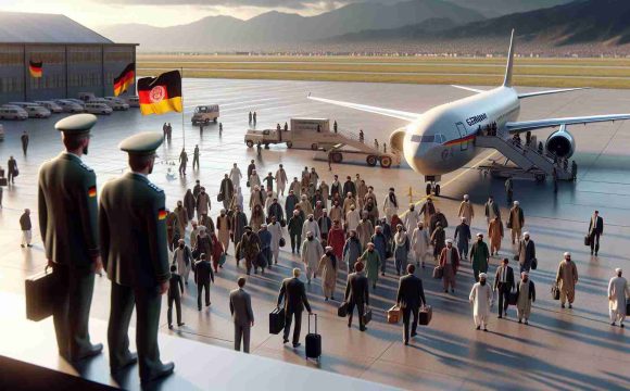 Realistic high-definition depiction of a scenario where Germany is repatriating individuals, who have engaged in illegal activities, back to Afghanistan. The scene includes an airplane on a tarmac, German officials in official uniform overseeing the process, and a group of people who are about to embark. Note: The individuals being repatriated should be of diverse descents and genders to depict a varied cross-section of society.