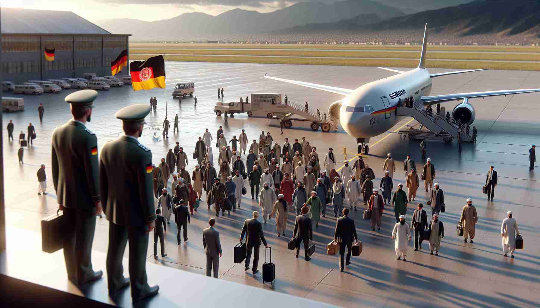 Realistic high-definition depiction of a scenario where Germany is repatriating individuals, who have engaged in illegal activities, back to Afghanistan. The scene includes an airplane on a tarmac, German officials in official uniform overseeing the process, and a group of people who are about to embark. Note: The individuals being repatriated should be of diverse descents and genders to depict a varied cross-section of society.