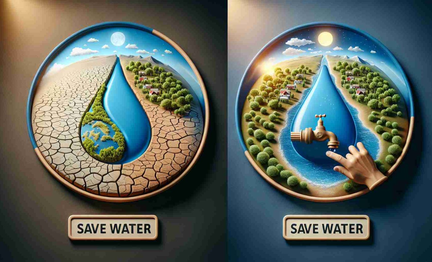 A realistic high-definition image showcasing the vital importance of water conservation. It can feature a parched earth to represent the dire need of water conservation, a before and after comparison of a healthy river and a dried river bed. There might be symbols indicating the action of water conservation like a hand turning off a dripping faucet. Do incorporate signs like ‘Save Water’ to add more context to this serious issue.