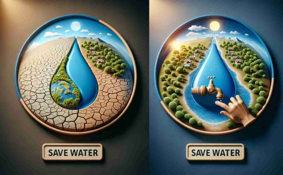 A realistic high-definition image showcasing the vital importance of water conservation. It can feature a parched earth to represent the dire need of water conservation, a before and after comparison of a healthy river and a dried river bed. There might be symbols indicating the action of water conservation like a hand turning off a dripping faucet. Do incorporate signs like ‘Save Water’ to add more context to this serious issue.