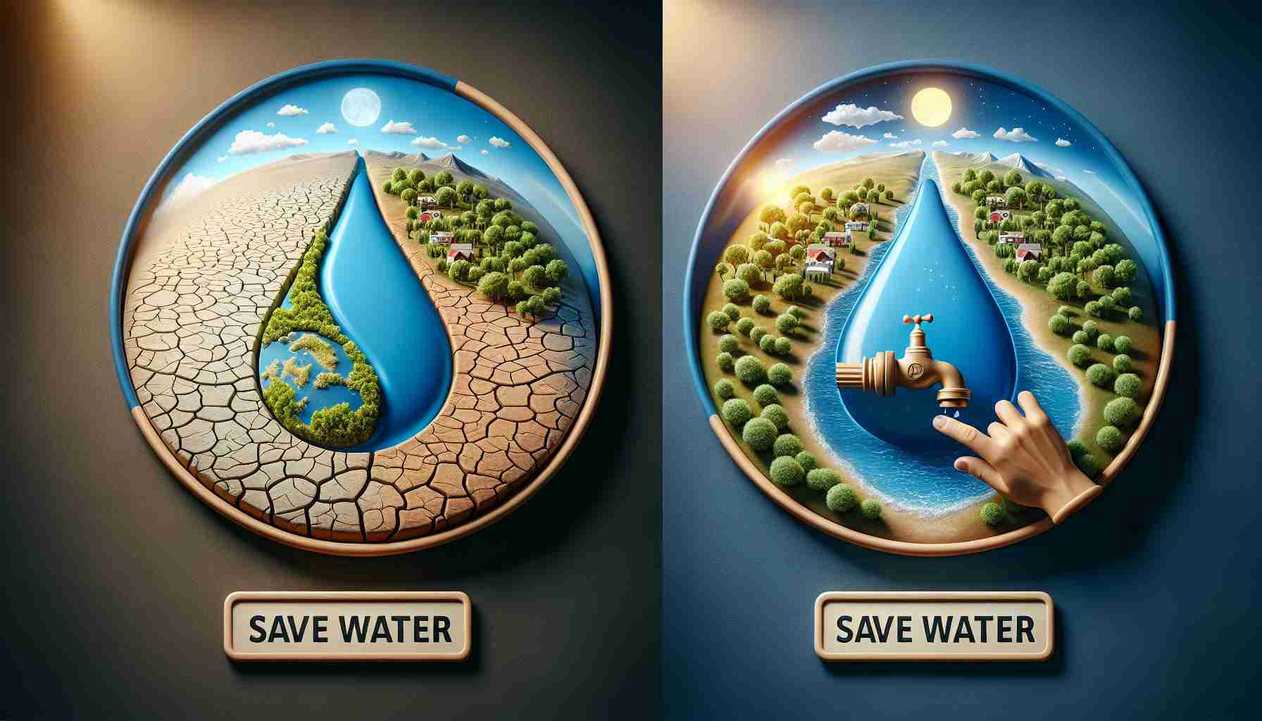 A realistic high-definition image showcasing the vital importance of water conservation. It can feature a parched earth to represent the dire need of water conservation, a before and after comparison of a healthy river and a dried river bed. There might be symbols indicating the action of water conservation like a hand turning off a dripping faucet. Do incorporate signs like ‘Save Water’ to add more context to this serious issue.