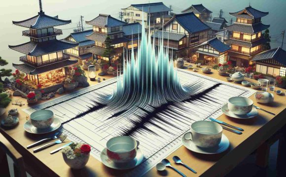 A high-definition, realistic visualisation about seismic activity in Japan. The image should include an enriched version of a seismograph tracing the activity, possibly overlaid onto a map of Japan. The effects of the seismic activity, such as shaking buildings and alerting citizens, should also be subtly depicted. Try incorporating unique visual elements like trembling teacups on a table or disrupted power lines, anything that conveys a sense of urgency and concern. However, ensure to execute the depiction in a respectful way, avoiding any catastrophic or offensive illustrations.