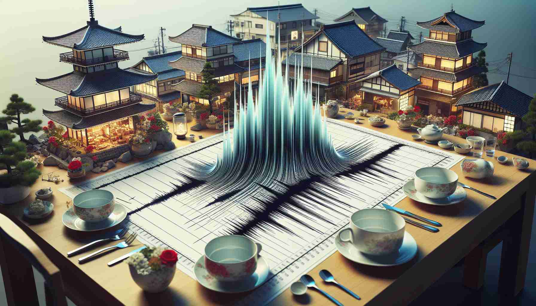 A high-definition, realistic visualisation about seismic activity in Japan. The image should include an enriched version of a seismograph tracing the activity, possibly overlaid onto a map of Japan. The effects of the seismic activity, such as shaking buildings and alerting citizens, should also be subtly depicted. Try incorporating unique visual elements like trembling teacups on a table or disrupted power lines, anything that conveys a sense of urgency and concern. However, ensure to execute the depiction in a respectful way, avoiding any catastrophic or offensive illustrations.