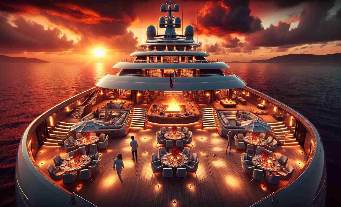 A high definition, realistic image showcasing an unexpected, dramatic event unfolding aboard a lavish yacht. The sun is setting in the background, casting fiery hues across the sky. The yacht, boasting intricate design and gleaming in the twilight, is on high seas. There is an aura of suspense and the anticipation of a wealthy social gathering taking an unforeseen twist. The deck of the yacht is adorned with luxury amenities, sumptuous gourmet food and beverages; people of different descents and genders look on in surprise and fascination as the event unfolds.