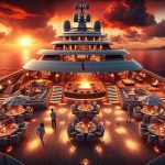 A high definition, realistic image showcasing an unexpected, dramatic event unfolding aboard a lavish yacht. The sun is setting in the background, casting fiery hues across the sky. The yacht, boasting intricate design and gleaming in the twilight, is on high seas. There is an aura of suspense and the anticipation of a wealthy social gathering taking an unforeseen twist. The deck of the yacht is adorned with luxury amenities, sumptuous gourmet food and beverages; people of different descents and genders look on in surprise and fascination as the event unfolds.