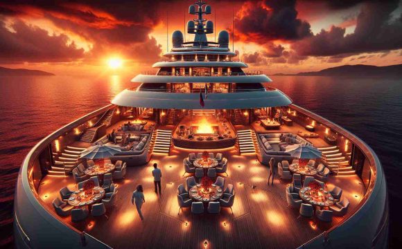 A high definition, realistic image showcasing an unexpected, dramatic event unfolding aboard a lavish yacht. The sun is setting in the background, casting fiery hues across the sky. The yacht, boasting intricate design and gleaming in the twilight, is on high seas. There is an aura of suspense and the anticipation of a wealthy social gathering taking an unforeseen twist. The deck of the yacht is adorned with luxury amenities, sumptuous gourmet food and beverages; people of different descents and genders look on in surprise and fascination as the event unfolds.