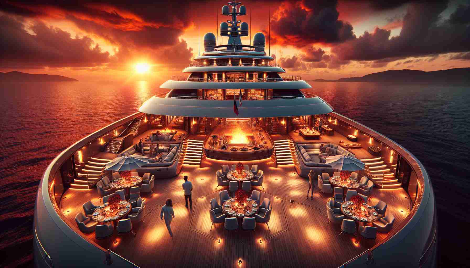 A high definition, realistic image showcasing an unexpected, dramatic event unfolding aboard a lavish yacht. The sun is setting in the background, casting fiery hues across the sky. The yacht, boasting intricate design and gleaming in the twilight, is on high seas. There is an aura of suspense and the anticipation of a wealthy social gathering taking an unforeseen twist. The deck of the yacht is adorned with luxury amenities, sumptuous gourmet food and beverages; people of different descents and genders look on in surprise and fascination as the event unfolds.