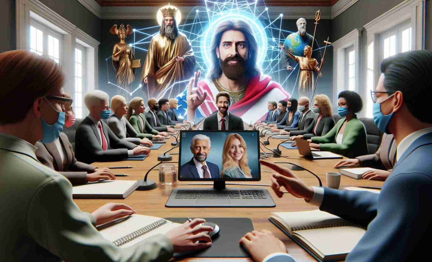 Realistic HD photo of various unspecified public figures joining together for a historical virtual conference