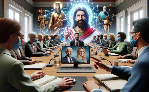 Realistic HD photo of various unspecified public figures joining together for a historical virtual conference