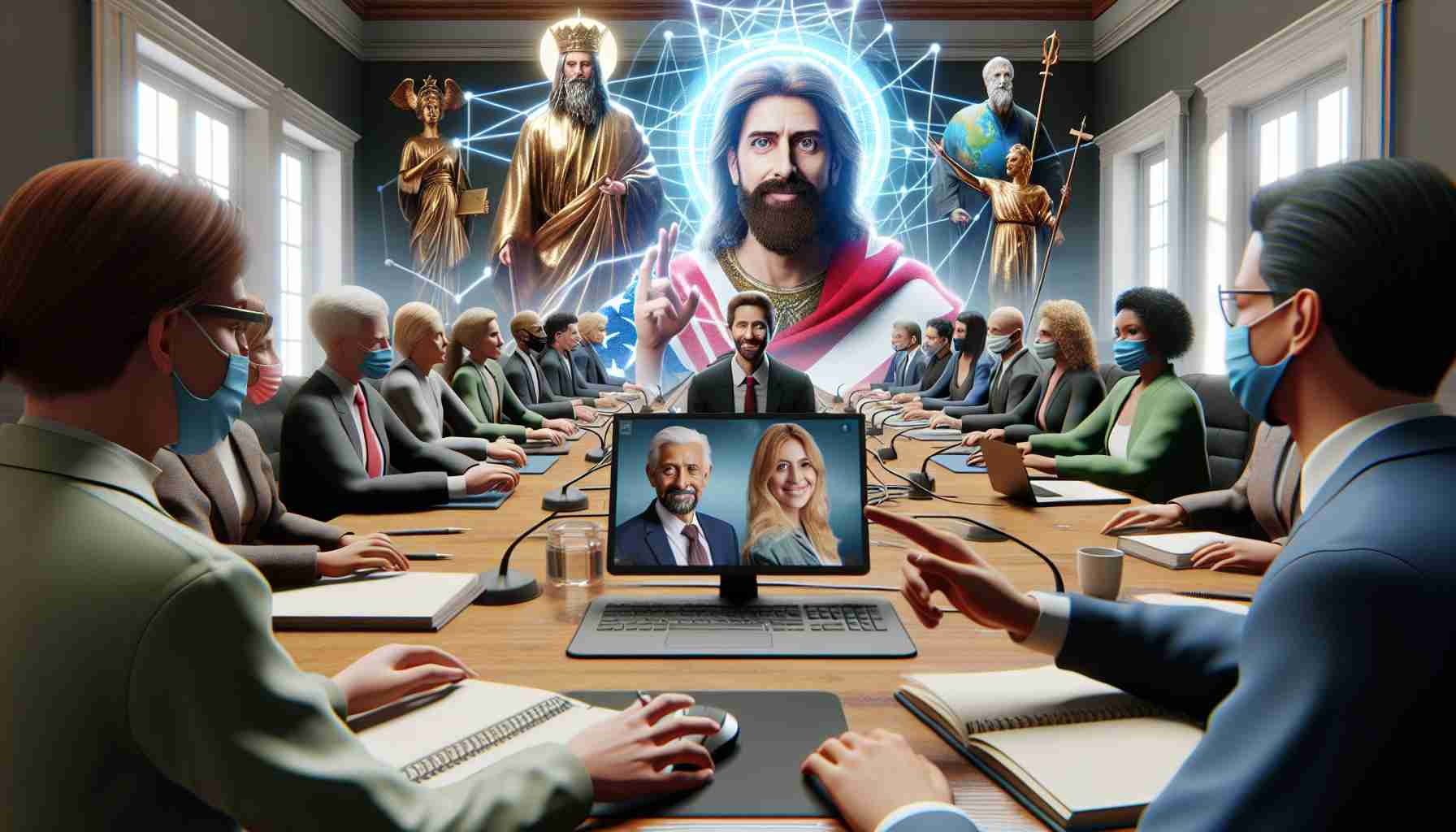 Realistic HD photo of various unspecified public figures joining together for a historical virtual conference